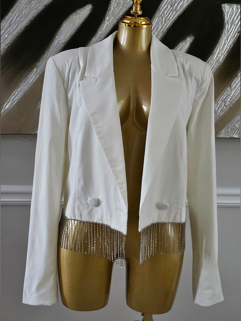 Culpos x INC White Rhinestone Fringe Blazer Jacket Size Small